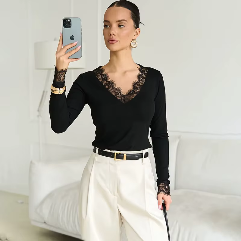 Tornova col en V dentelle t petit haut femmes Sexy nombril exposé pull mode épissure fille chaude Club