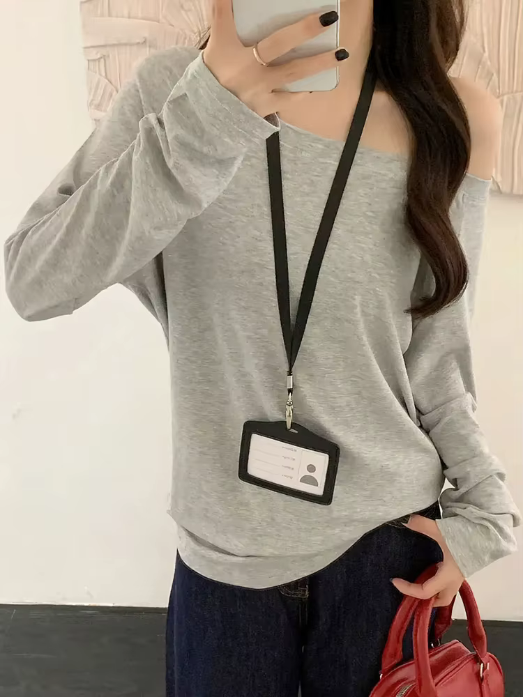 Surdimensionné épaules dénudées à manches longues t-shirt femmes couleur unie décontracté hauts dame printemps automne t-shirts de base style coréen jeunesse Blouses