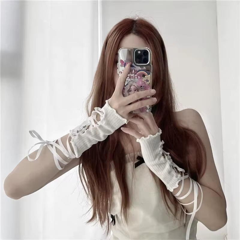 Femmes cerclage dentelle sans doigts chaud Sexy bras manches bricolage à lacets gants de protection solaire maille