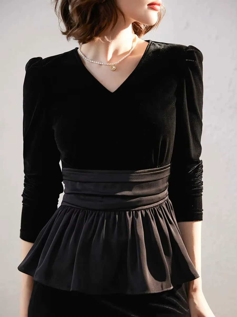 Modiis Yao-Haut en velours vintage pour femme, col en V, chemise à manches longues, conception d'ourlet épissé, automne, 2023