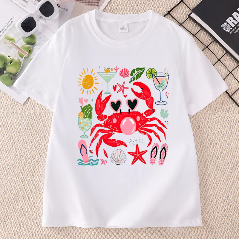 T-shirt graphique amusant avec crabe soufflant des bulles, T-shirt d'été pour la plage, T-shirt imprimé en coton à manches courtes et col rond