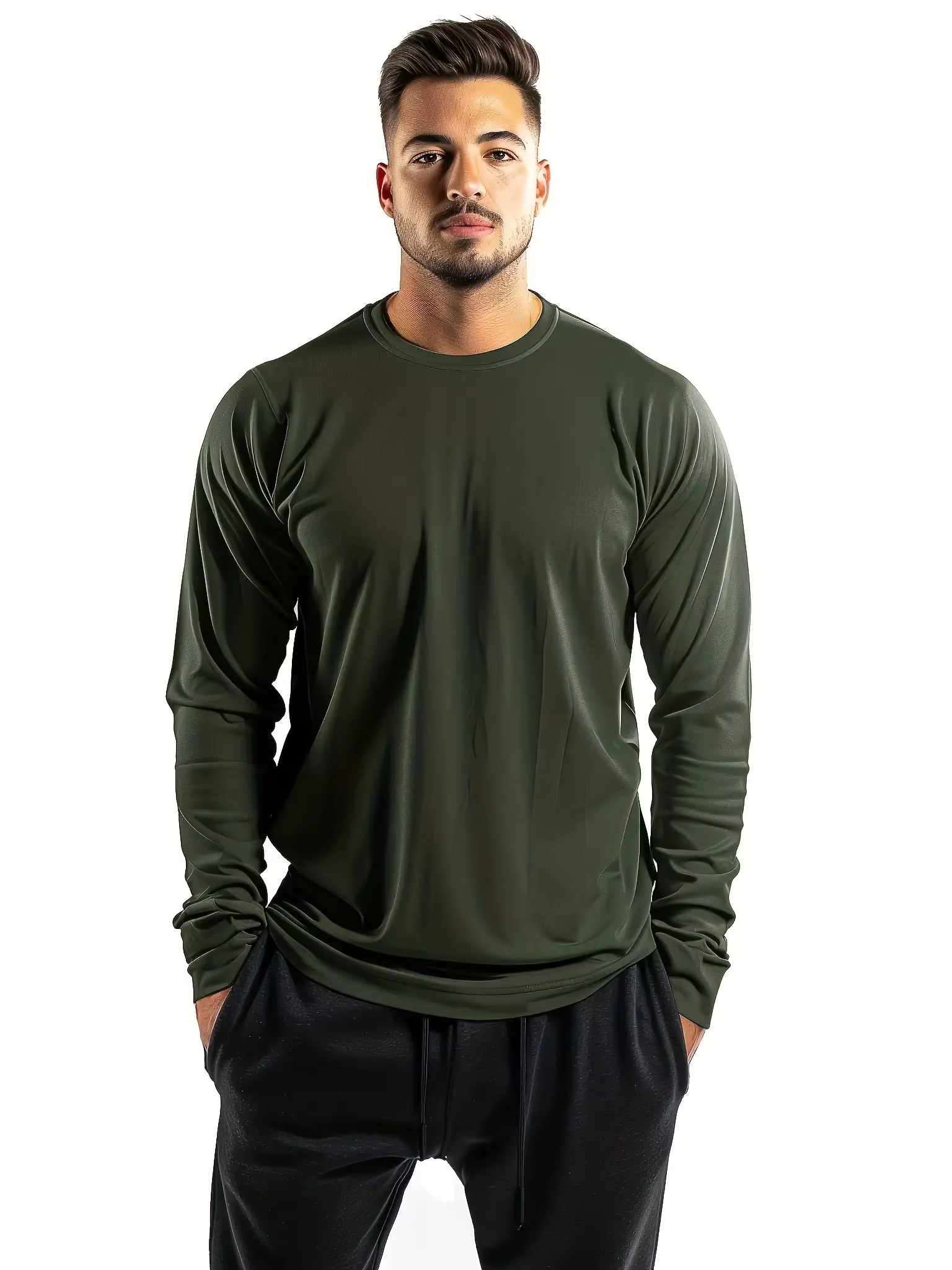 T-shirt 5 pièces à manches longues et col rond pour hommes, couleur unie, design polyvalent, confortable et à la mode