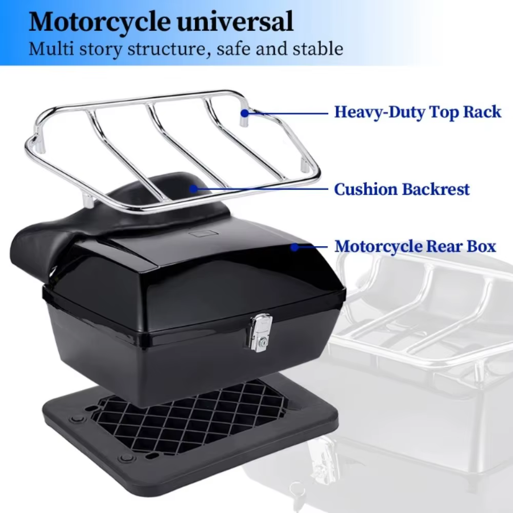 Top Case Moto ABS 48L, Boîte Arrière pour Scooter Électrique avec Porte-Bagages, Peut Contenir Deux Casques Intégraux, Dossier Souple