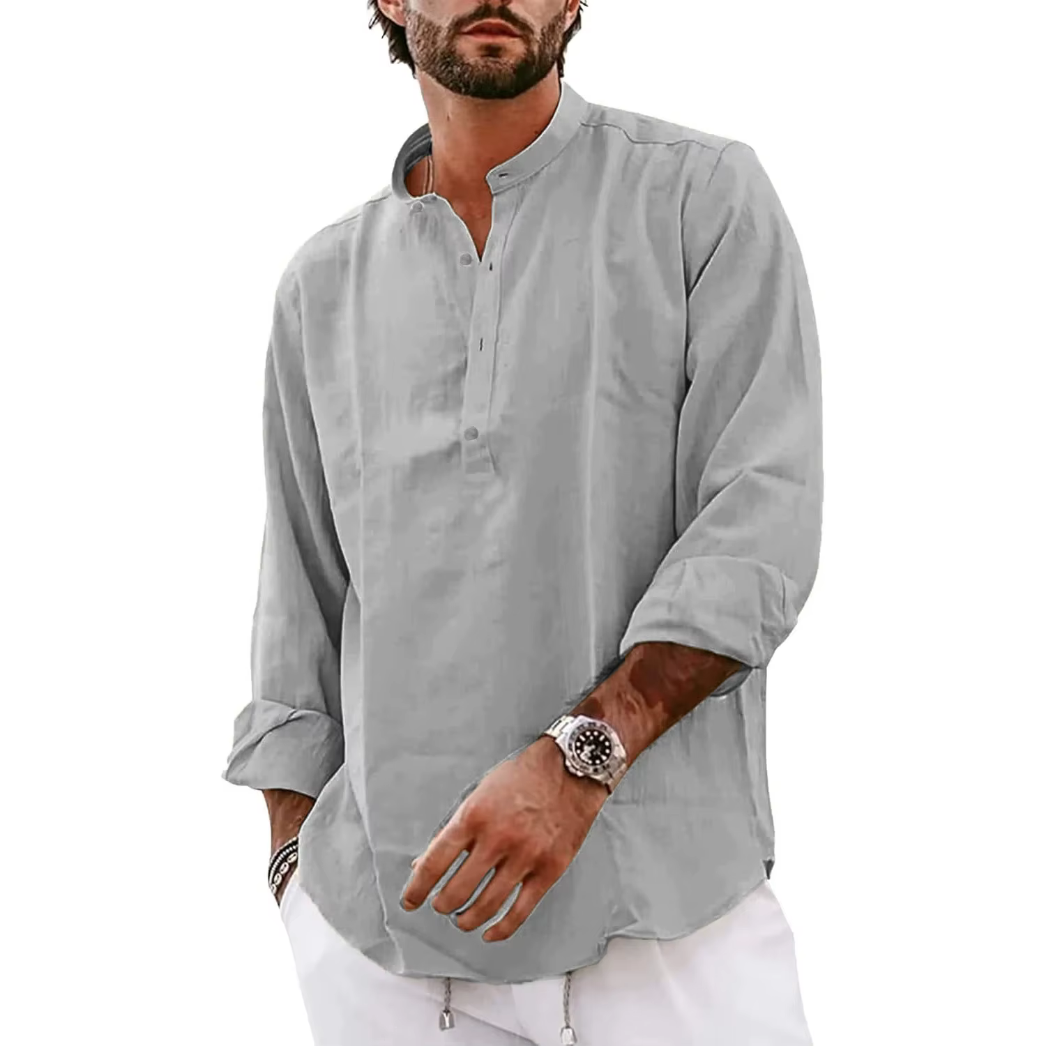 Nouveaux hommes à manches longues coton T-Shirts léger Streetwear Henley chemises en lin