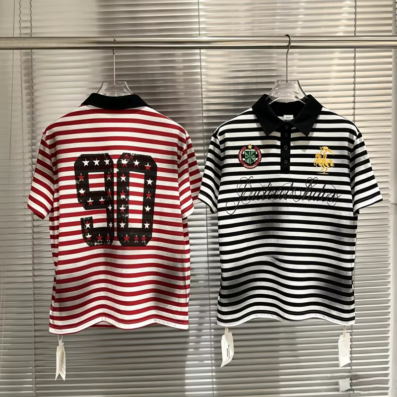 Soiled Stripe PROTOCOL Embroidery Warhorse T-shirt et Polos Homme Femme Noir Rouge Manches Courtes Haute Qualité à Col Revers
