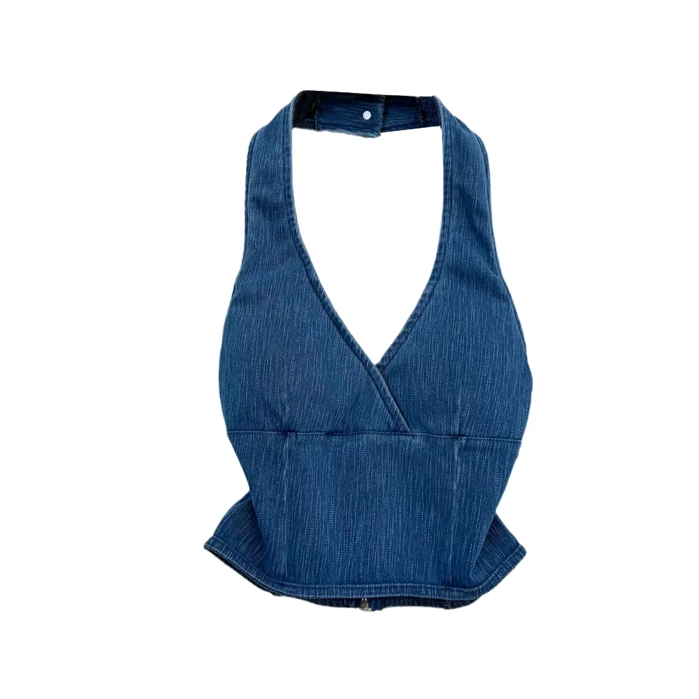 Précieux haut en jean pour femmes, épaules dénudées, dos nu, streetwear, été, col en v, mode, livraison directe