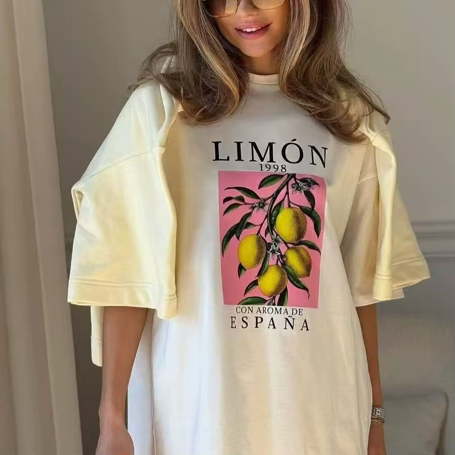 T-shirts imprimés fruits citron 100% coton femmes hauts graphiques vintage esthétique botanique streetwear t-shirts cottagecore surdimensionné