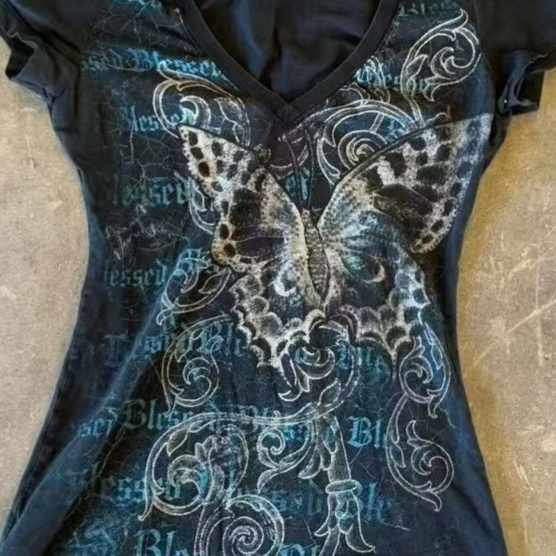 Harajuku fée recadrée papillon impression t-shirts Vintage Grunge haut femmes été Y2k esthétique décontracté culture