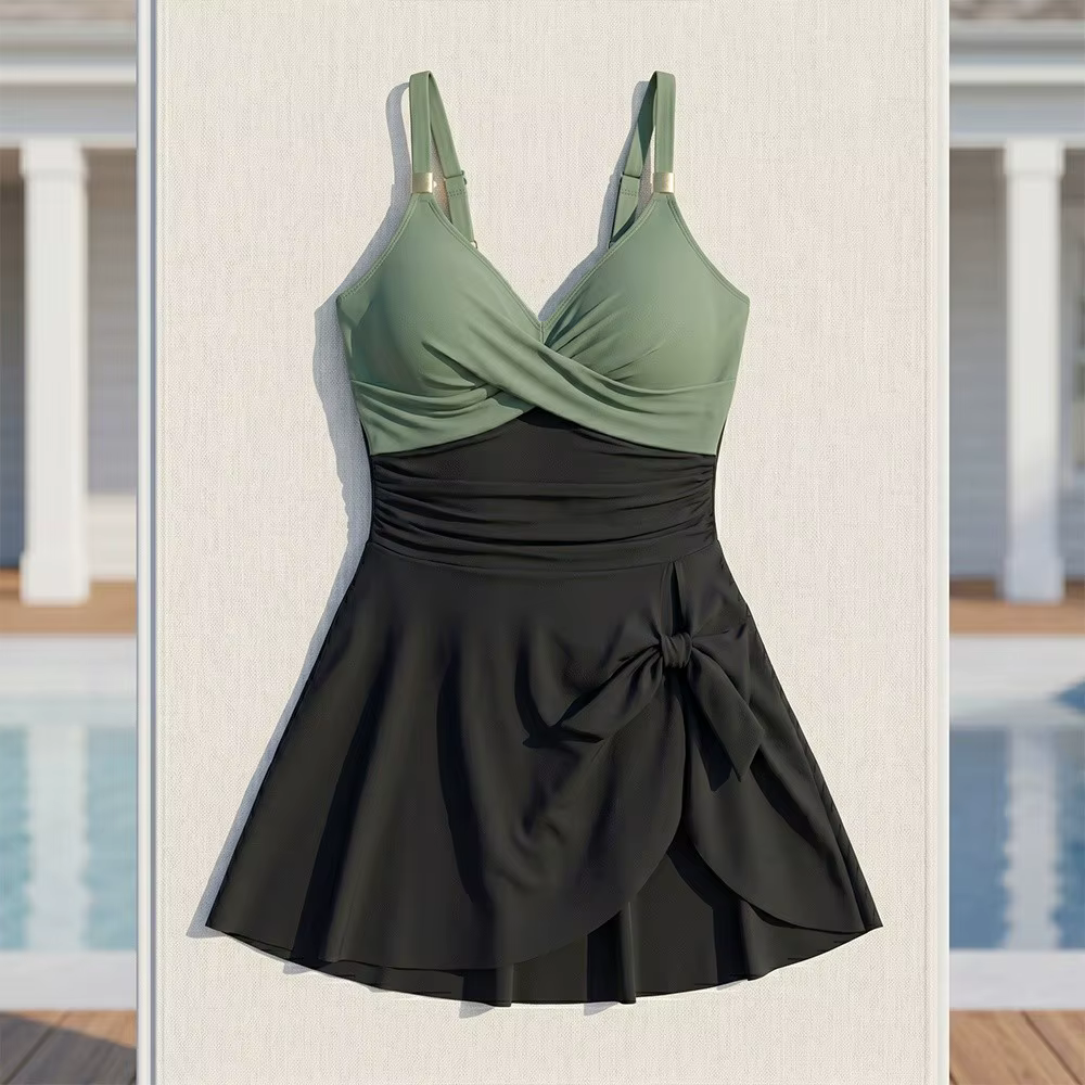 Maillot de bain femme tendance coupe ajustée sans manches plissé col en V avec jupe, idéal pour l'été et la plage