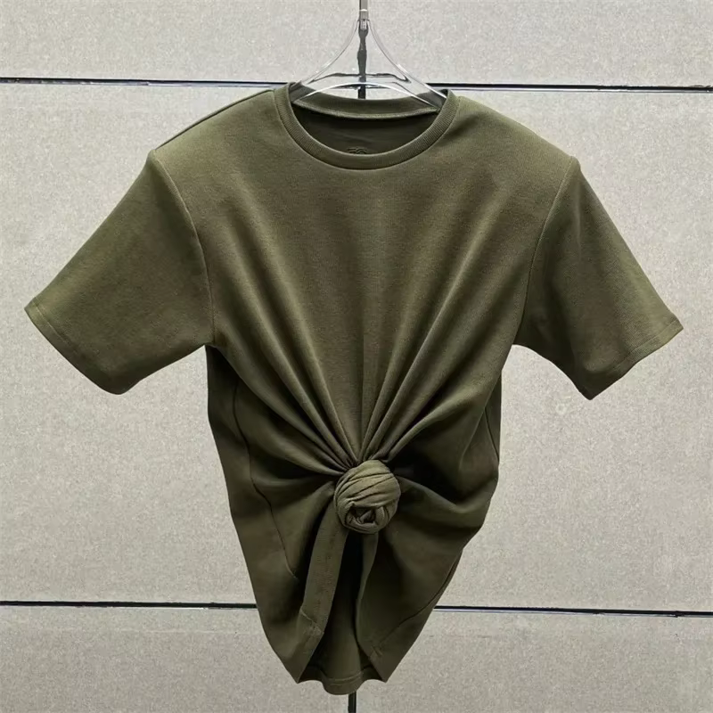 T-shirt femme 2025 été nouveau épaule rembourré coupe ajustée haut à manches courtes pur coton col rond pull y2k