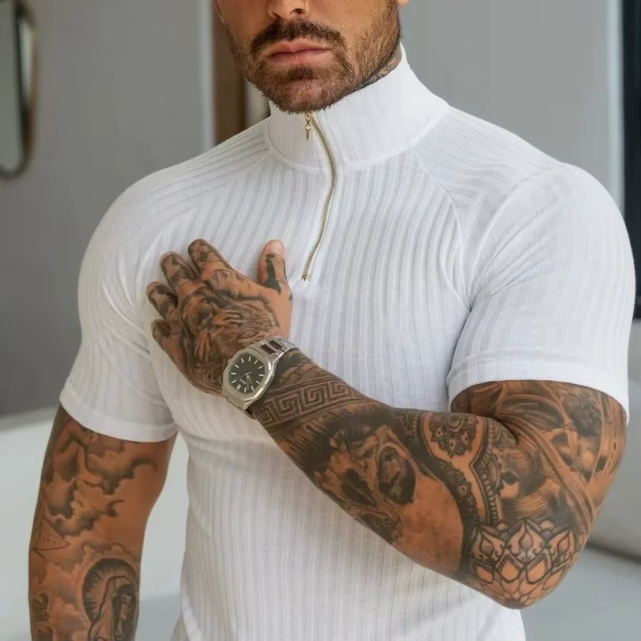 Polo élastique ajusté pour homme – T-shirt d'été tendance à col montant zippé