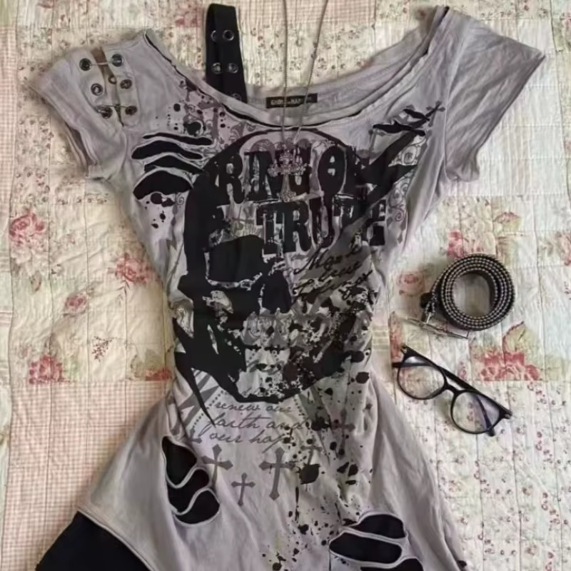 T-shirts Gothiques à Manches Courtes, Motifs Têtes de Mort, Style Décontracté Punk Hip Hop Urbain, T-shirt Femme Tendance, T-shirts Graphiques, Vêtements Vintage Années 2000, Hauts pour Femmes