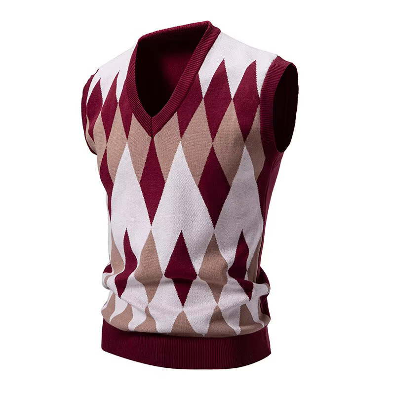 Nouveau hommes Argyle tricots gilet col en V sans manches décontracté coupe ajustée pull tricoté