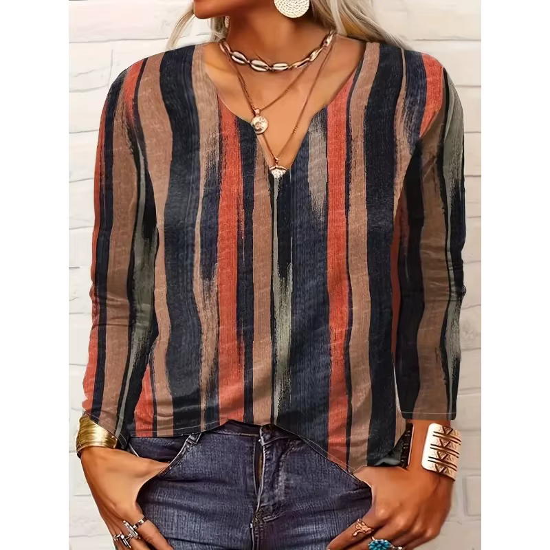 Femmes grande taille 1XL-8XL décontracté confortable à manches longues haut mode col en v rayé respirant T-shirt