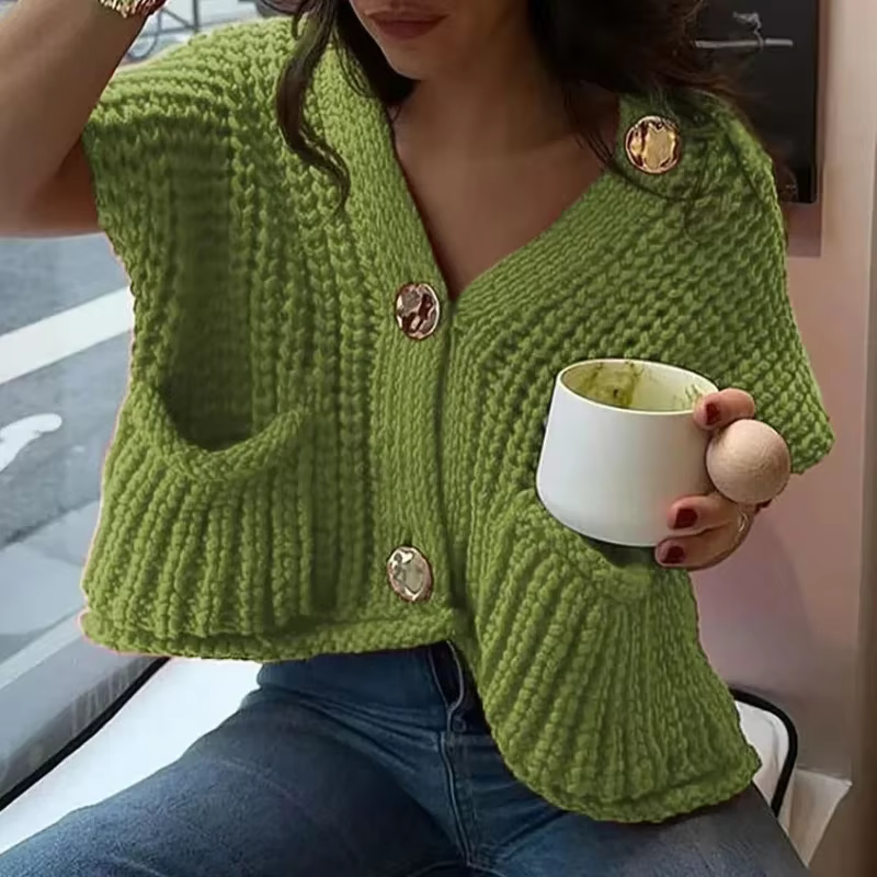 FIBTHELLL-Pull à col en V pour femme, chandail optique, manteau décontracté, haut en émail court, tempérament de la mode, automne et hiver