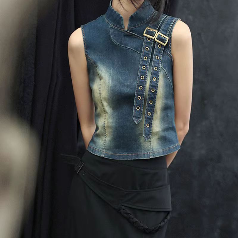 Haut en Denim pour femmes, nouveau T-shirt rétro d'été 2025, col montant, T-shirt court polyvalent à la taille