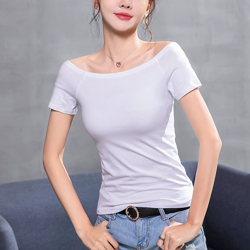 MRMT 2026 Nouveau T-shirt Femme en Coton Coupe Slim Manches Courtes Épaules Dénudées Col Droit