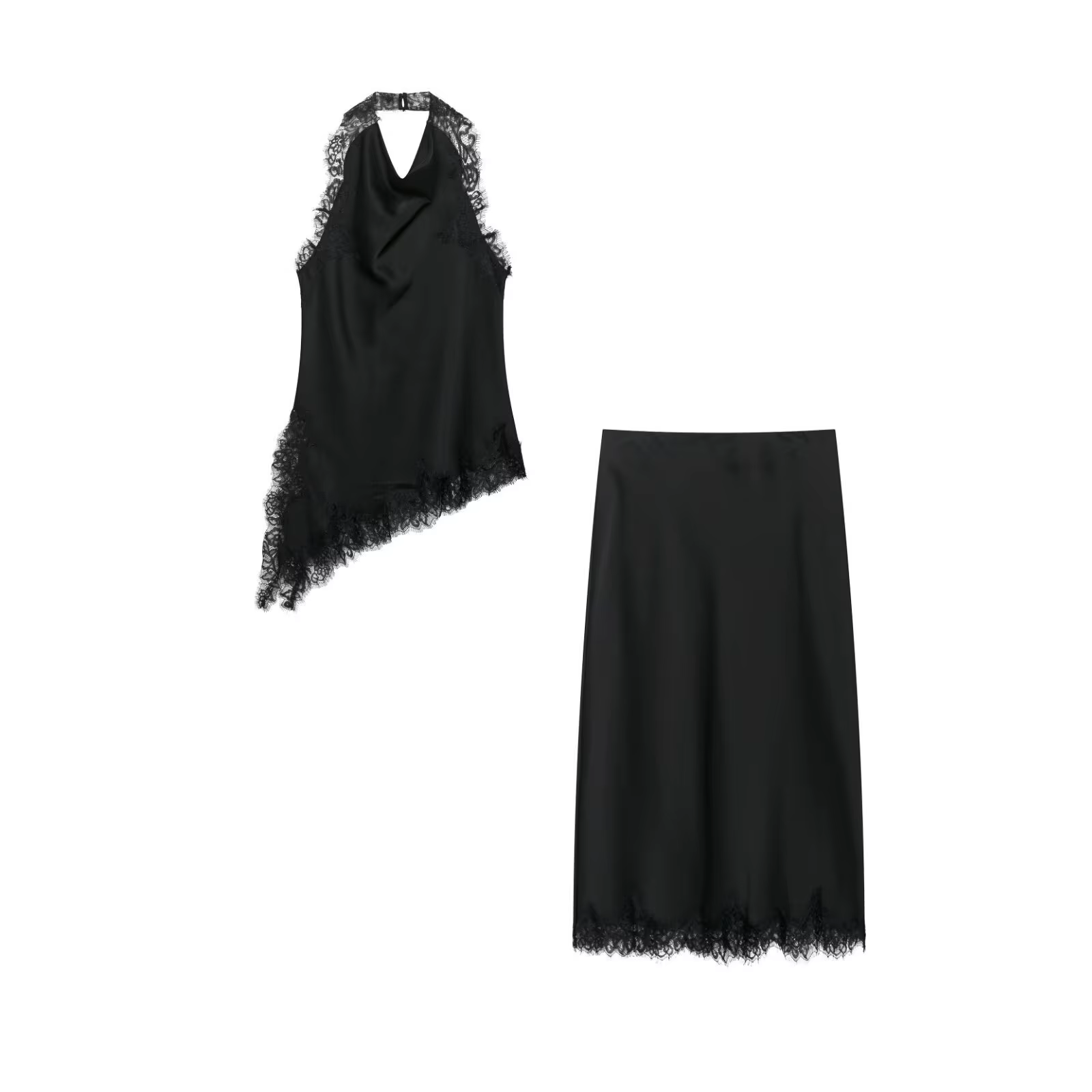 Satin dentelle noir asymétrique hauts femmes Sexy licou dos nu