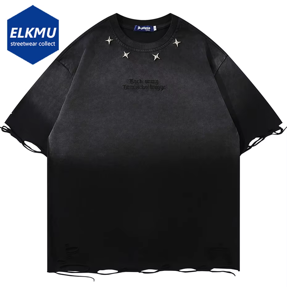 T-shirt Homme Vintage Déchiré Effet Vieilli avec Broderie Étoile Métallique