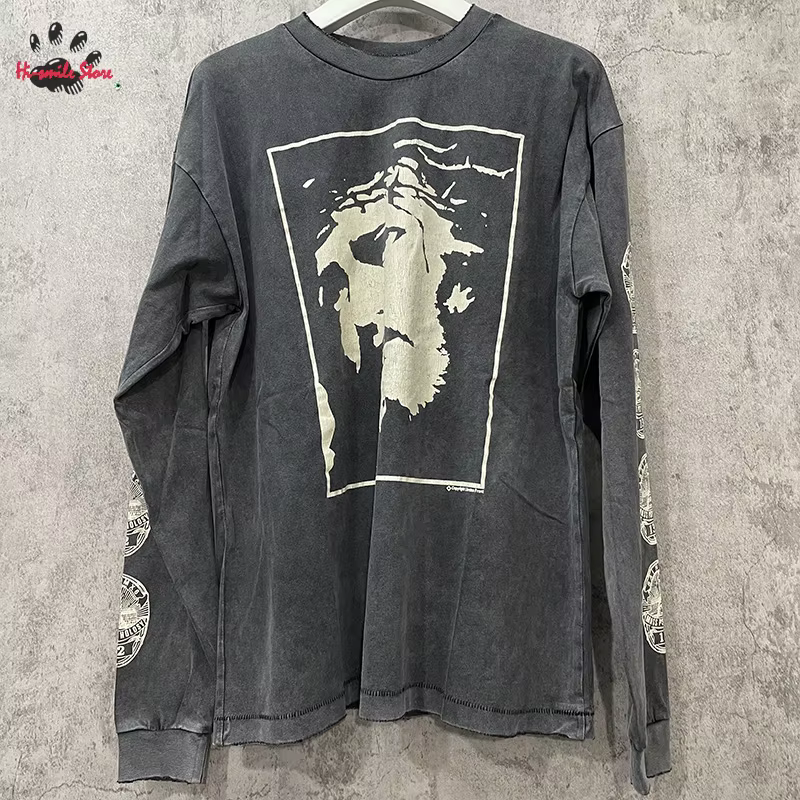 Nouveau lavé Saint à manches longues t-shirt hommes femme surdimensionné décontracté Couple printemps été endommagé col