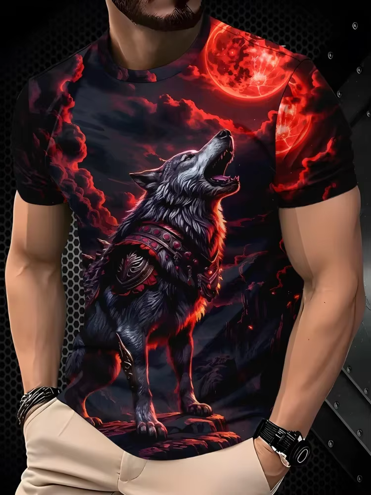 T-shirt tendance style urbain avec imprimé lune et loup hurlant, décontracté pour homme, streetwear d'été, col rond, manches courtes