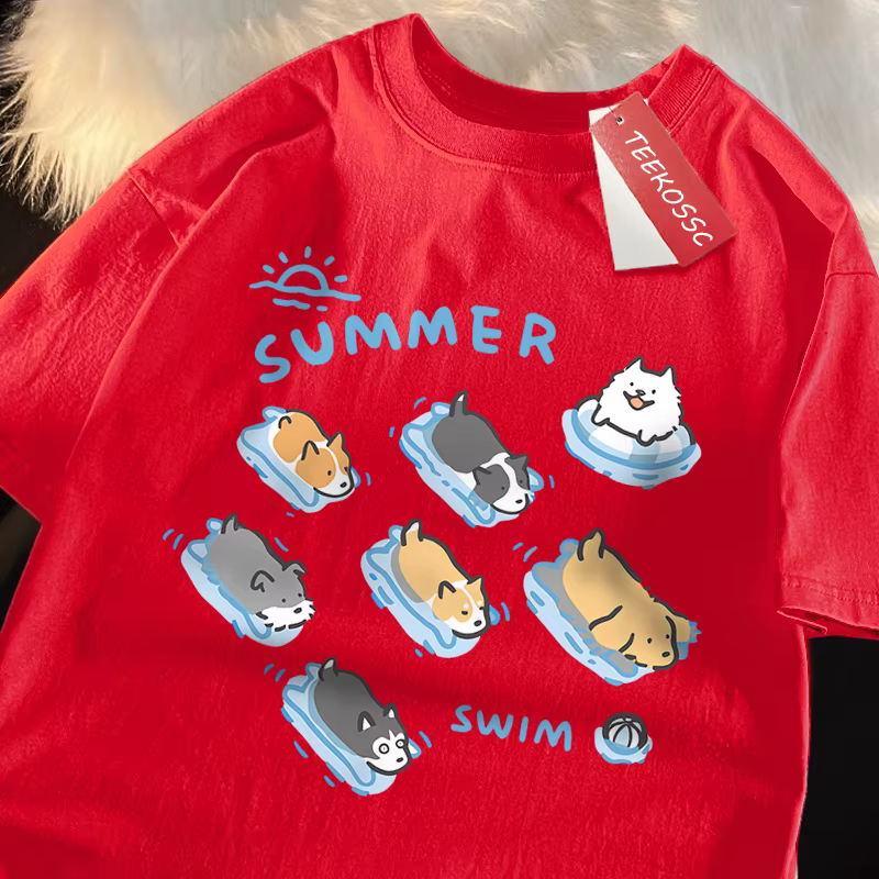 T-shirt de style japonais amusant pour la natation, chat et chien, t-shirts d'été décontractés pour femmes, t-shirt en coton respirant à la mode