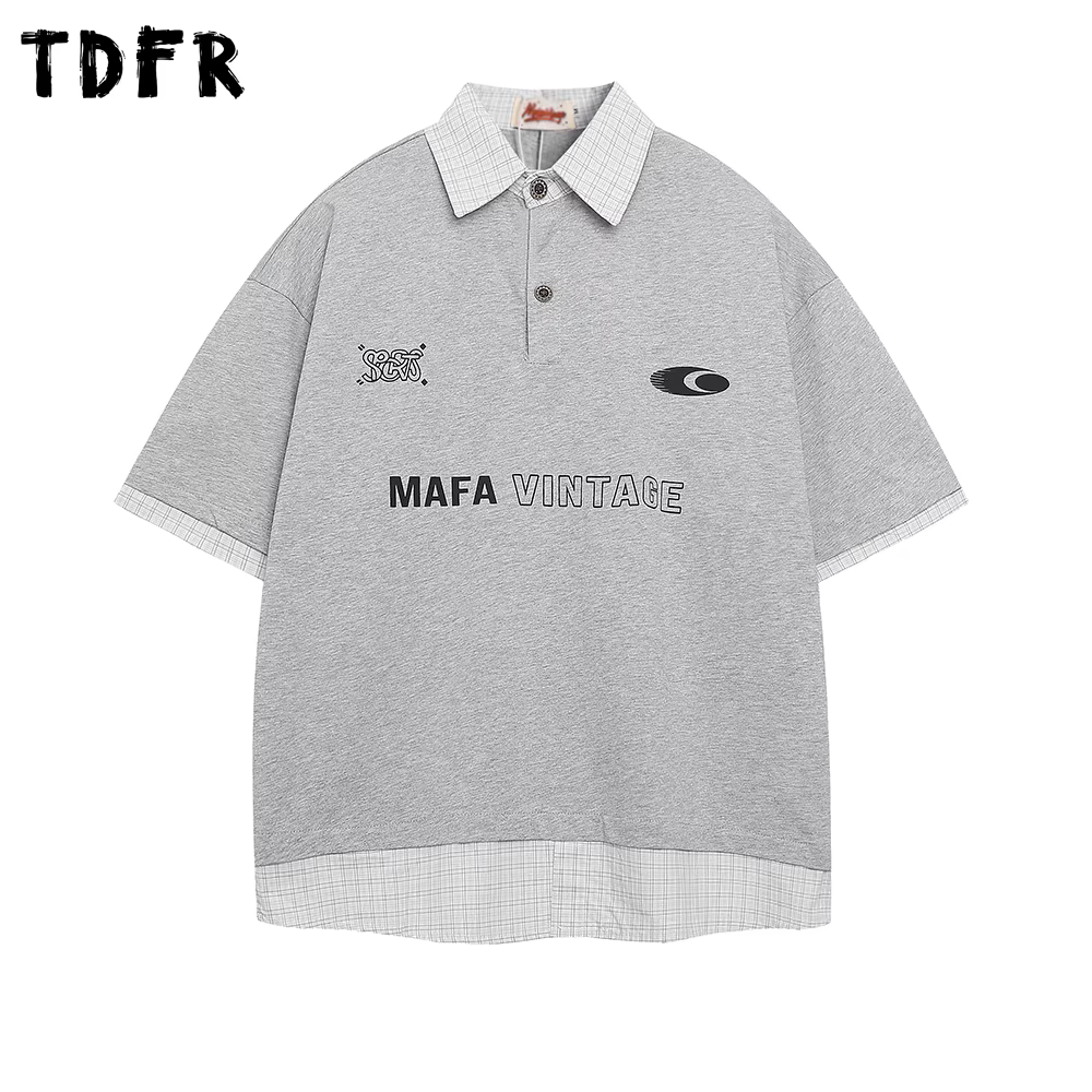 Lettre imprimer faux deux pièces polos hommes décontracté Streetwear été ample à manches courtes couverture en coton