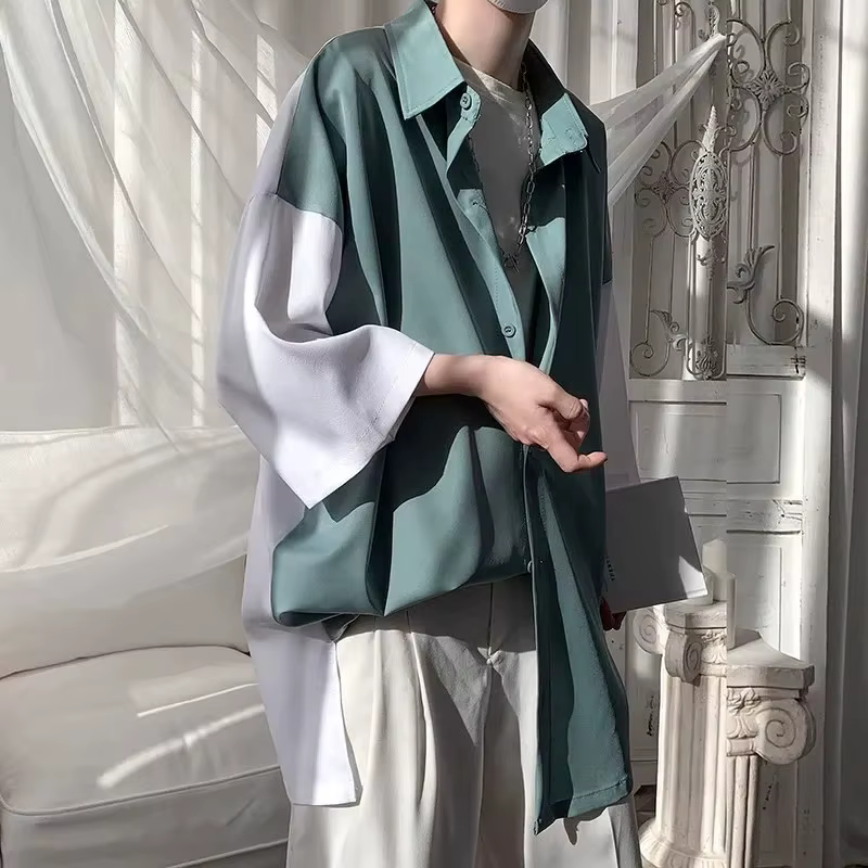 Chemise Homme Été Ample Tendance Marque Manches Trois-quarts Couleurs Contrastées Couture Patchwork Vêtements Masculins