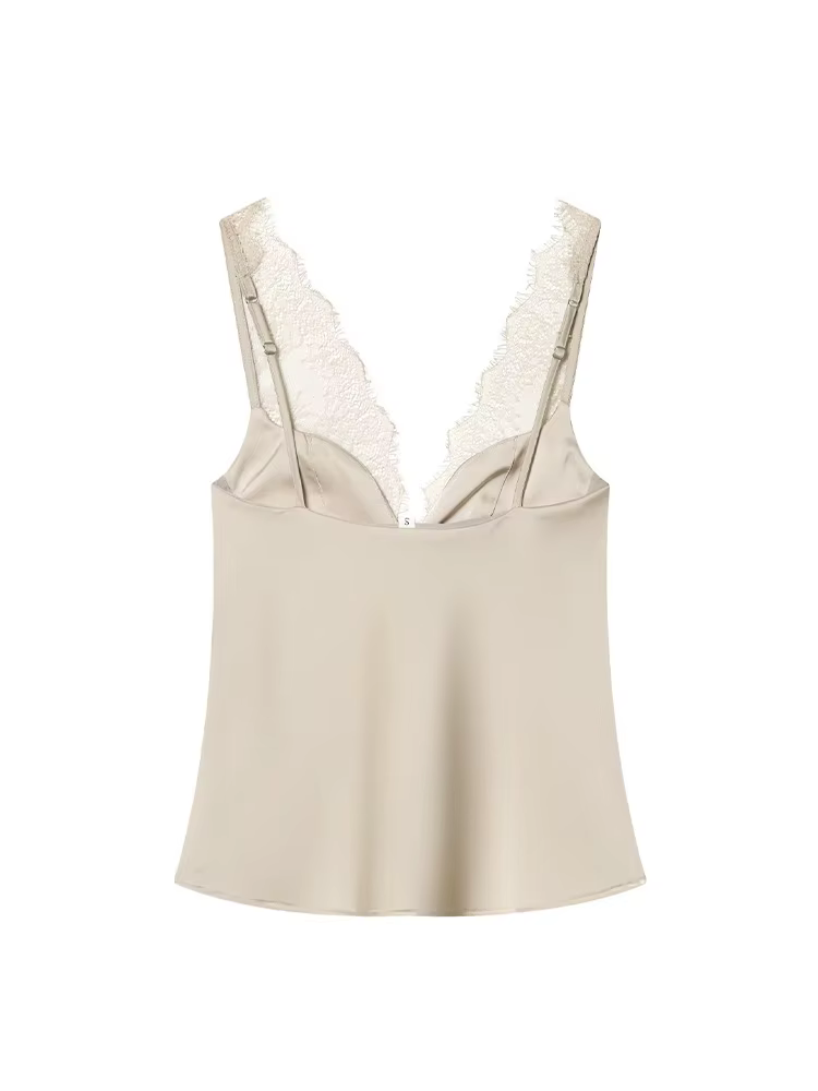 HH Femme Mode Décoration en dentelle Haut court uni Sexy Sans manches Dos nu Col en V Fermeture éclair latérale Texture satinée 3 couleurs Hauts d'été