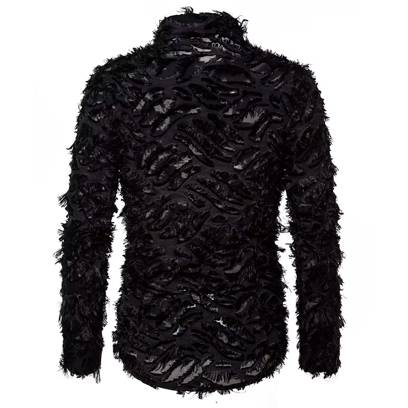 Chemise noire sexy à manches longues et plumes pour hommes