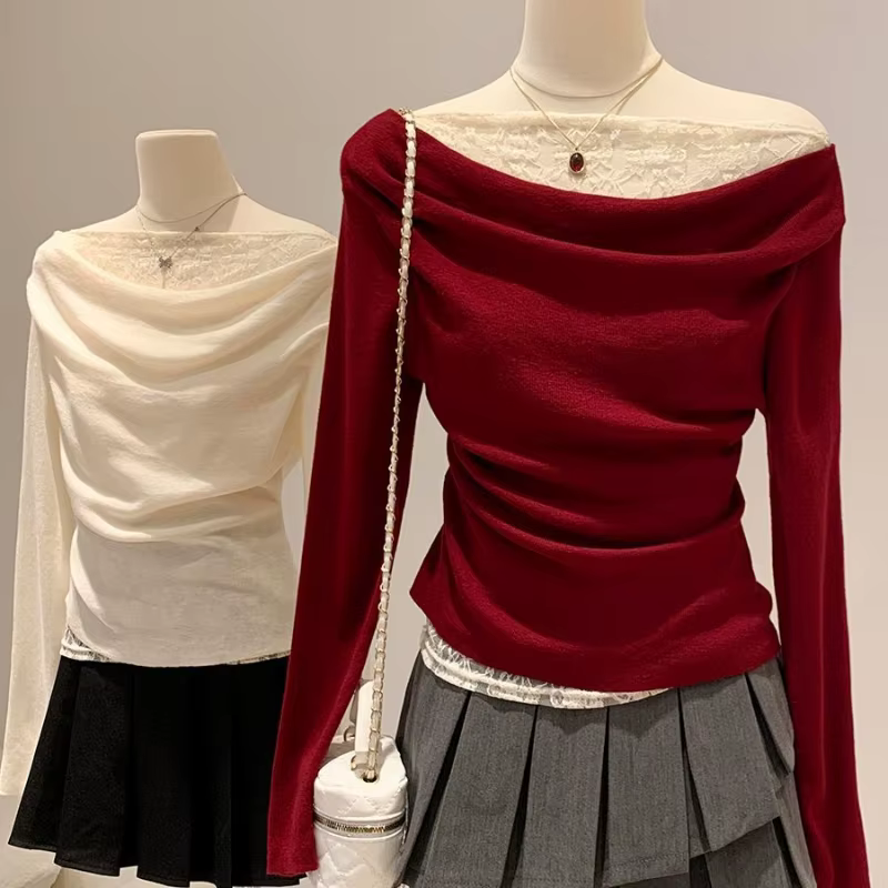 Dentelle rouge un cou épaules dénudées T-Shirts à manches longues femmes
