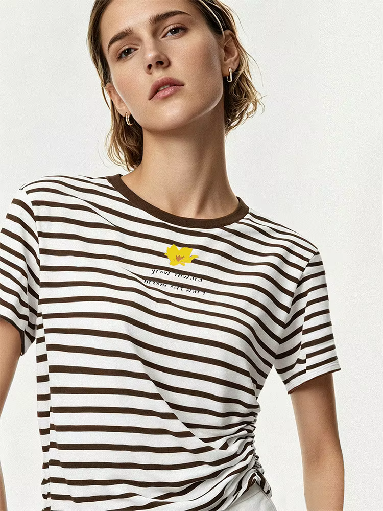 T-shirt Amii pour femme – Nouvelle collection été 2026 – Col rond, manches courtes, polyvalent, décontracté, imprimé à rayures color block – Haut pour femme 12622201