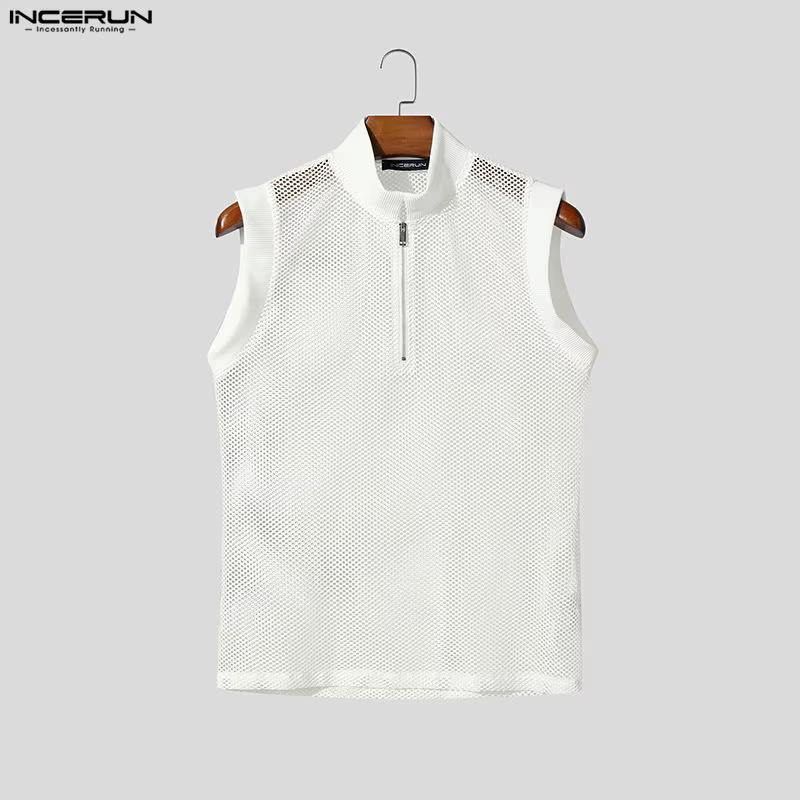 INCERUN Débardeurs Homme Évidés Transparents Été Streetwear Sexy Fermeture Éclair 2026 Tops Tendance Vêtements
