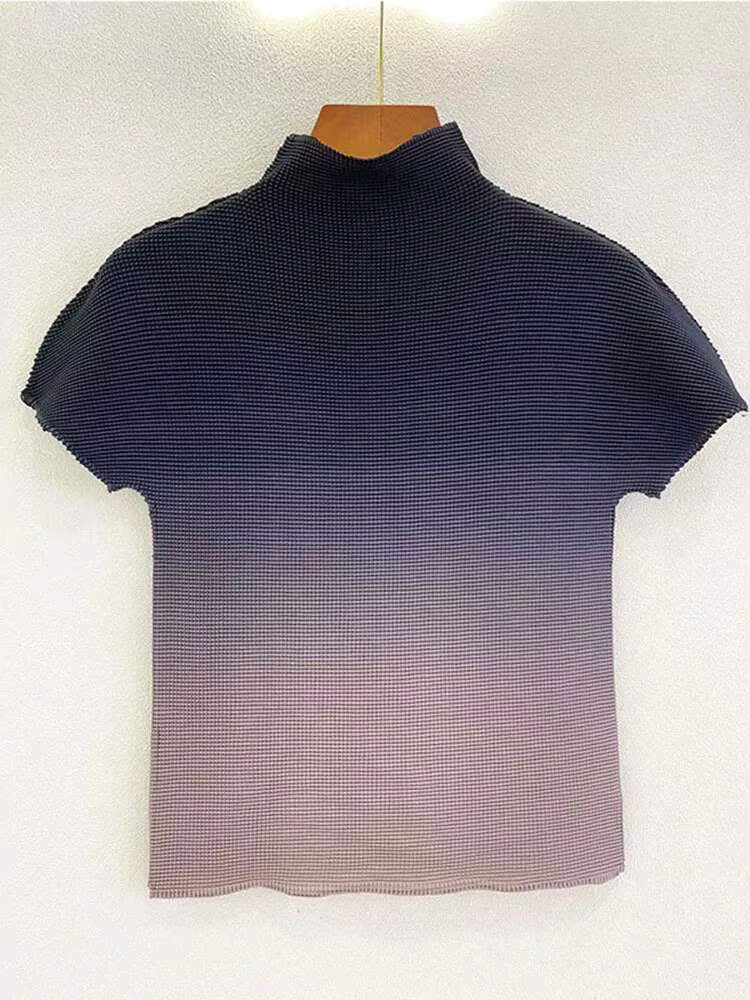 DEAT T-shirts plissés dégradés à col montant et manches courtes pour femme, style décontracté, nouvelle mode été 2026 15HT177