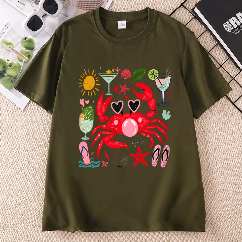 T-shirt graphique amusant avec crabe soufflant des bulles, T-shirt d'été pour la plage, T-shirt imprimé en coton à manches courtes et col rond