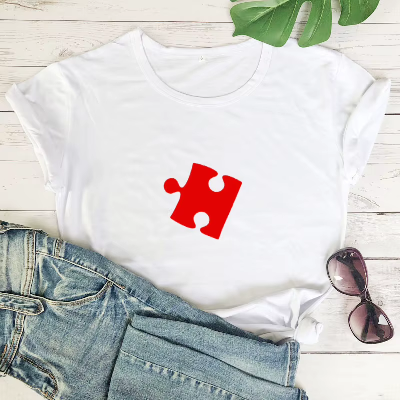 Puzzle coeur rouge imprimé Couple t-shirt amoureux à manches courtes col rond