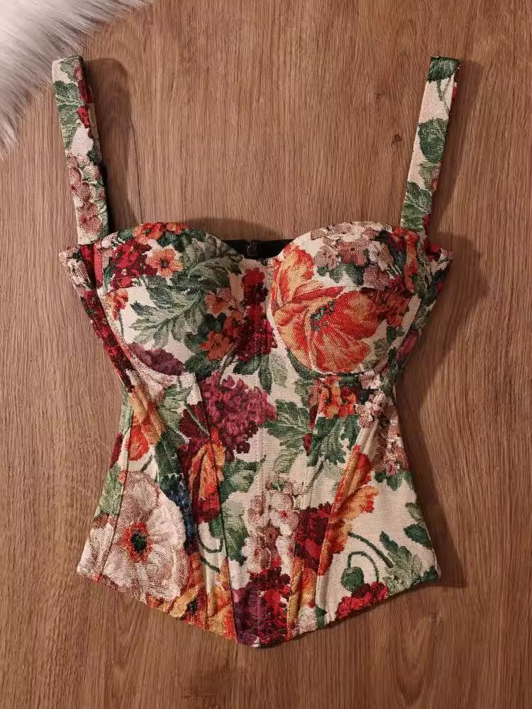 Style français Vintage élégant femmes vêtements Chic Design Floral coupe ajustée Camis mode femme haute rue rétro hauts Corset 2025