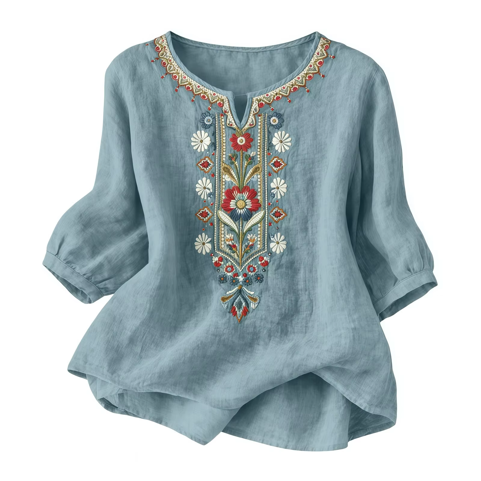 Chemises en lin d'été pour femmes Broderie rétro Tops amples à manches 3/4 Tuniques décontractées Blouses Boho Chemise de plage de vacances Blusas