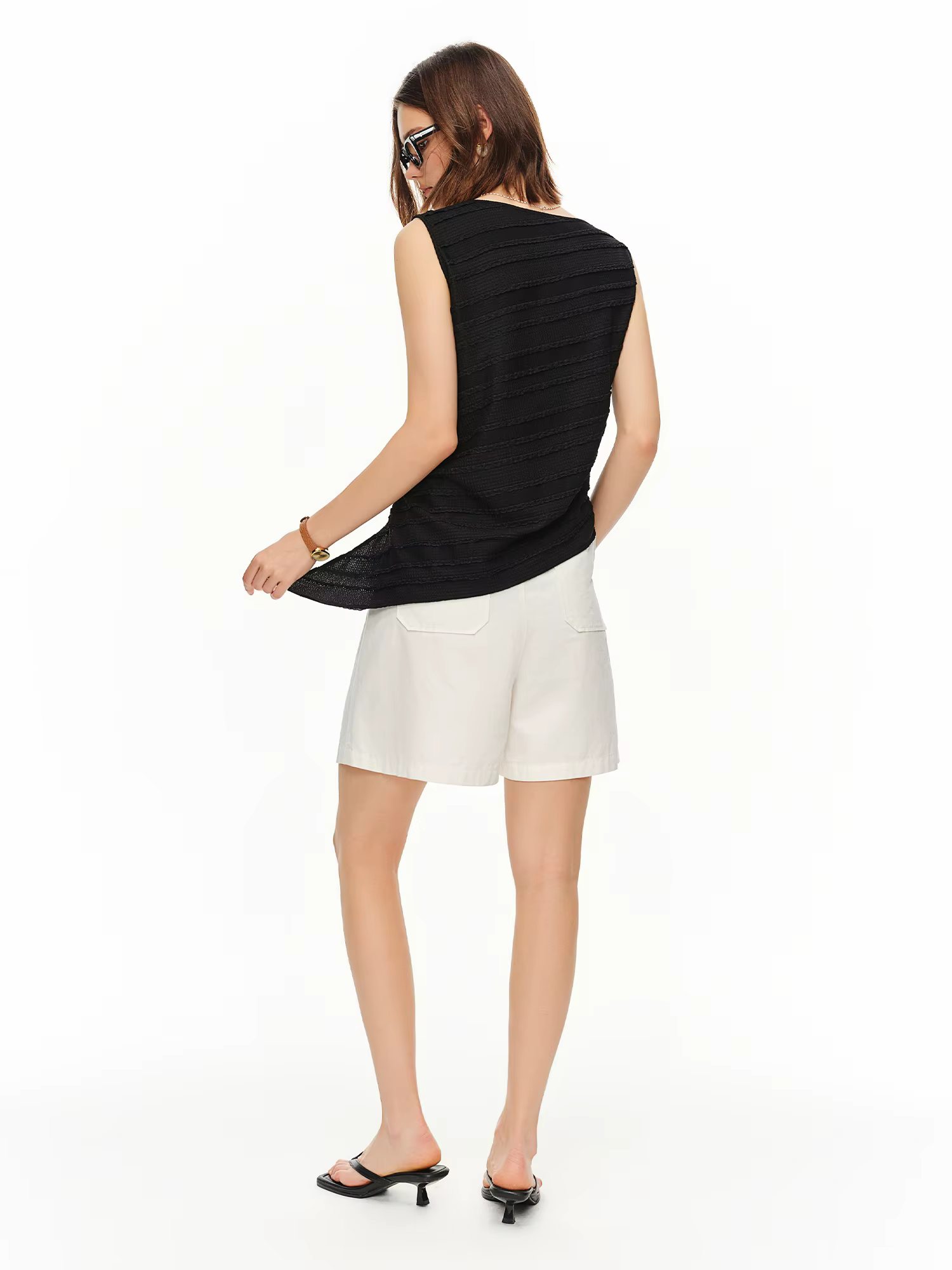 DUSHU Haut décontracté plissé sans manches à col bénitier pour femme | Nouvelle Collection Été 2026 : Gilet Noir Élégant