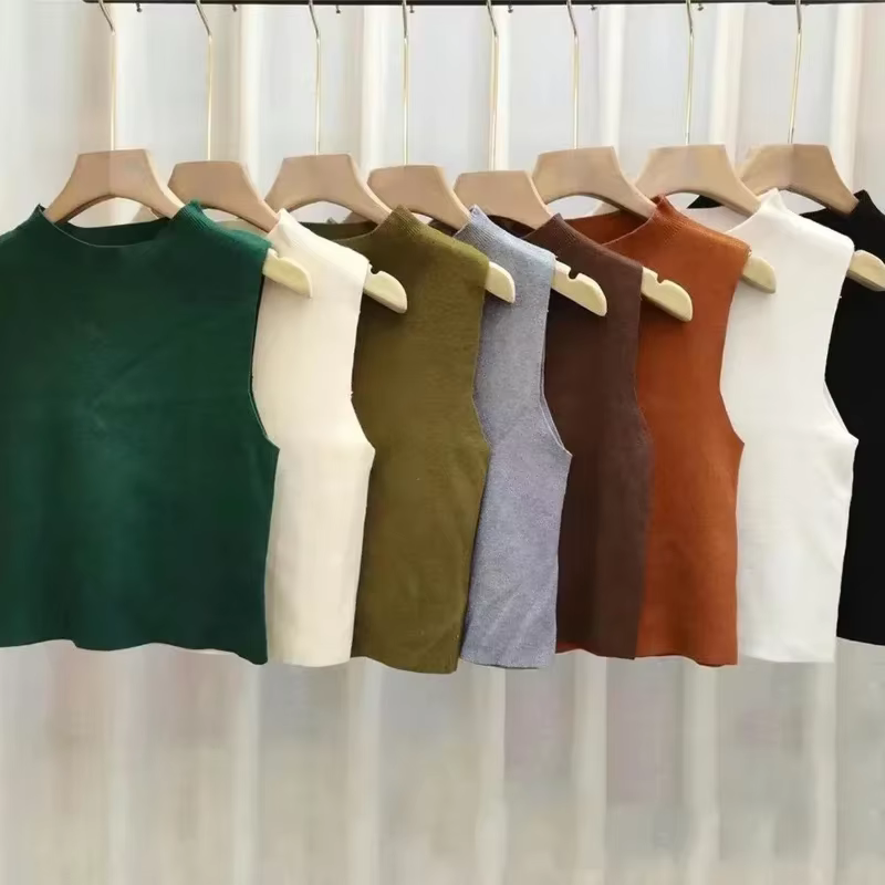 Débardeur tricoté pour femmes, couleur unie, T-Shirt, haut court, Camisole, pull demi-col roulé, sans manches, printemps automne
