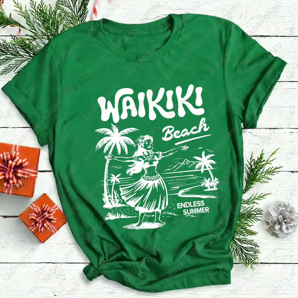 Waikiki chemise de plage Hawaii graphique T-Shirt Hula Girl Vintage île
