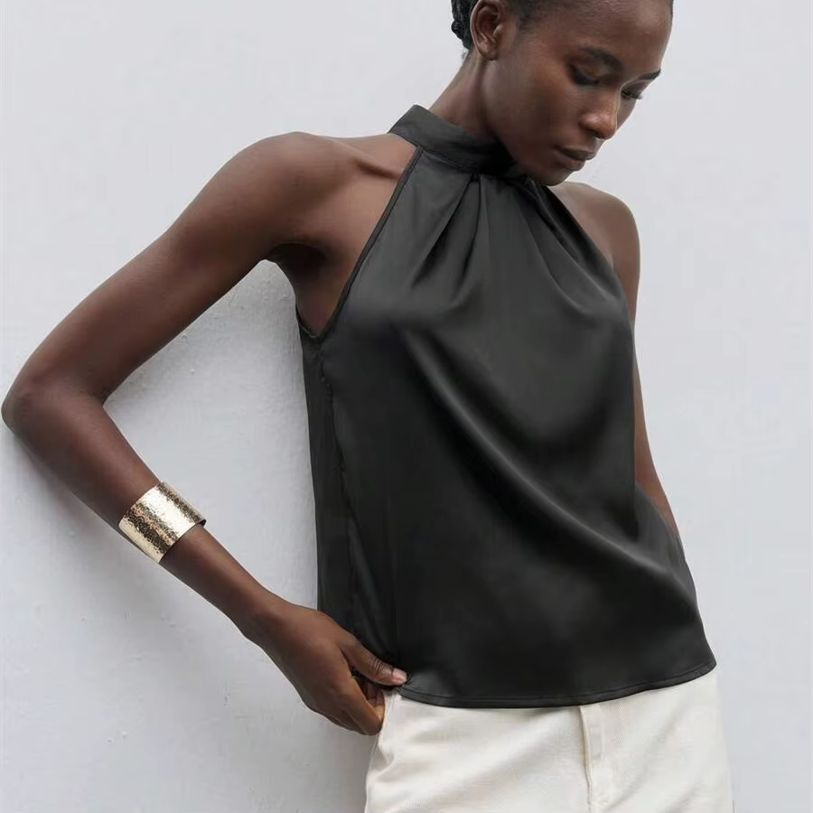 Hirigin élégant Satin licou cou débardeurs femmes sans manches couleur unie t-shirt basique culture hauts mode été fête Clubwear