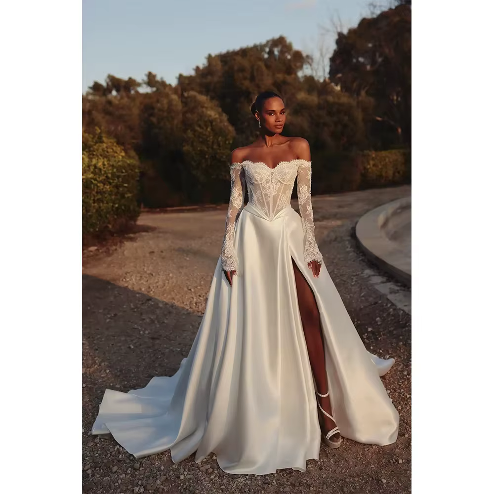 Robe De mariée De luxe en dentelle, épaules dénudées, Sexy, fente haute, en Satin, Corset élégant, dos nu, personnalisée