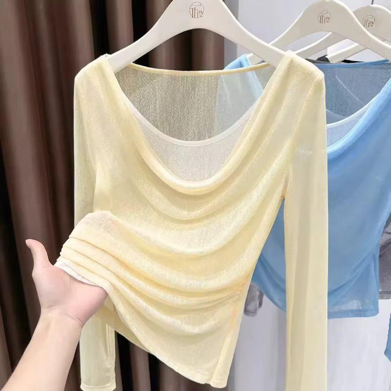 T-shirt à manches longues en tulle bleu clair pour femme