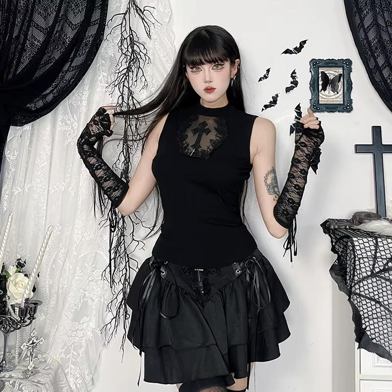 Goth foncé été réservoirs haut solide basique Techwear hauts femmes centre commercial gothique maille Patchwork croix gilet sans manches T-shirt Alt vêtements