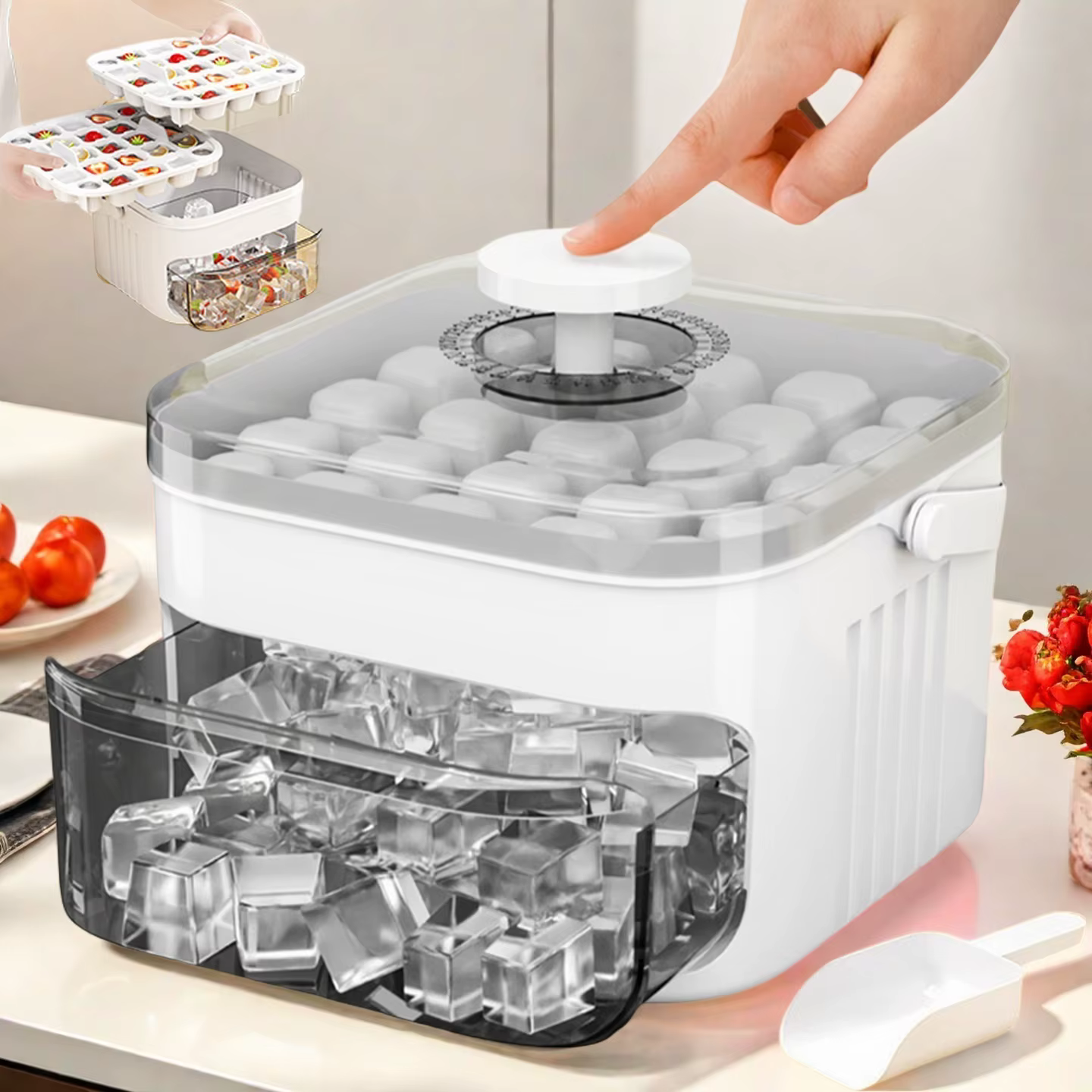 Bac à glaçons Compact Double couche avec couvercle et bac, tiroir à glace extractible avec poignée Portable, accessoires de cuisine, Gadgets