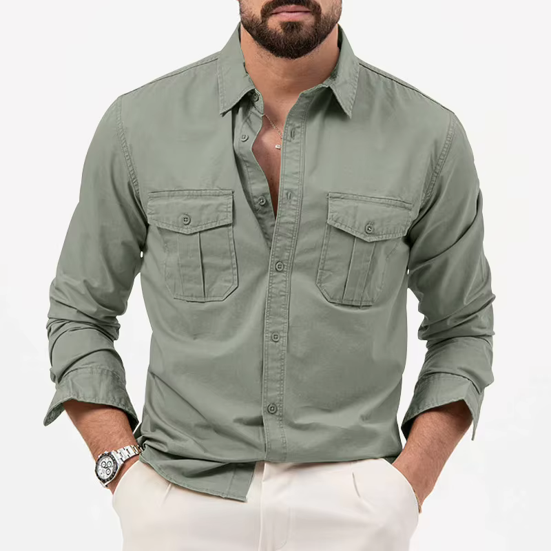 Nouvelle chemise décontractée multi-poches à manches longues pour homme