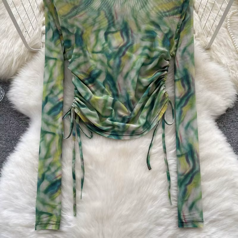 Vinatge Tie-dye T-shirts femmes Sexy mode vacances à manches longues hauts décontracté chemise conception automne printemps femme Streetwear Ins