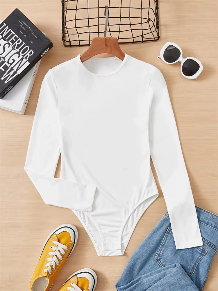 Femmes basique à manches longues col rond Blouse body automne hiver décontracté couleur unie coupe ajustée moulante combinaison Streetwear