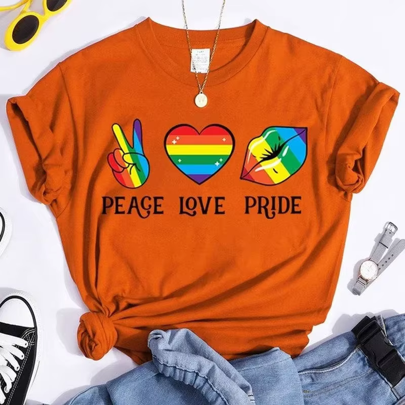 T-shirt manches courtes col rond femme, Peace Love Pride, coloré, imprimé